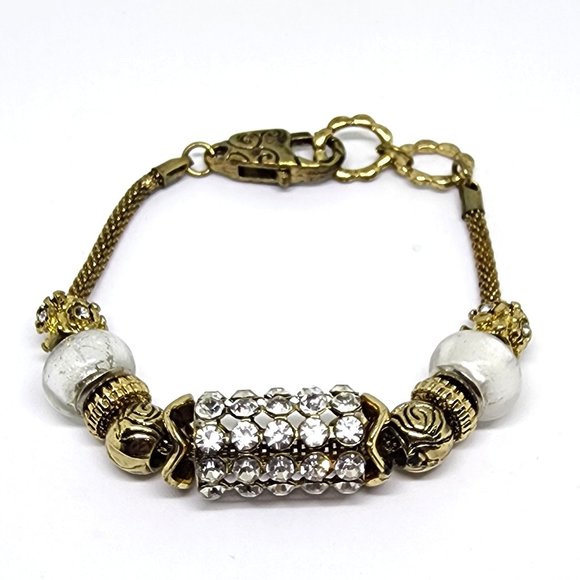 Gold and White Rhinestone Beaded Charm Lobster Claw Clasp Bracelet - Picture 5 of 8